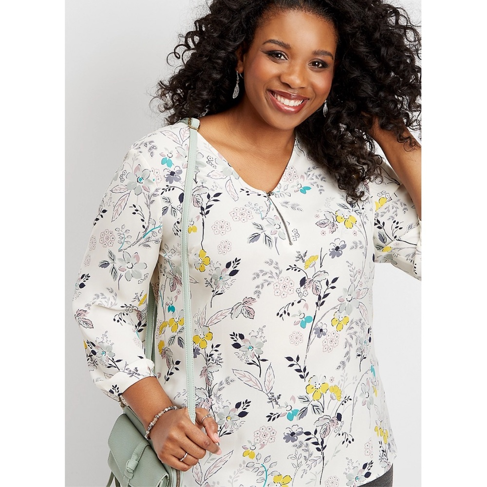 ✨NWT✨ Maurices Floral Zip Front 3/4 Sleeve Tunic Blouse - White - Size 1X